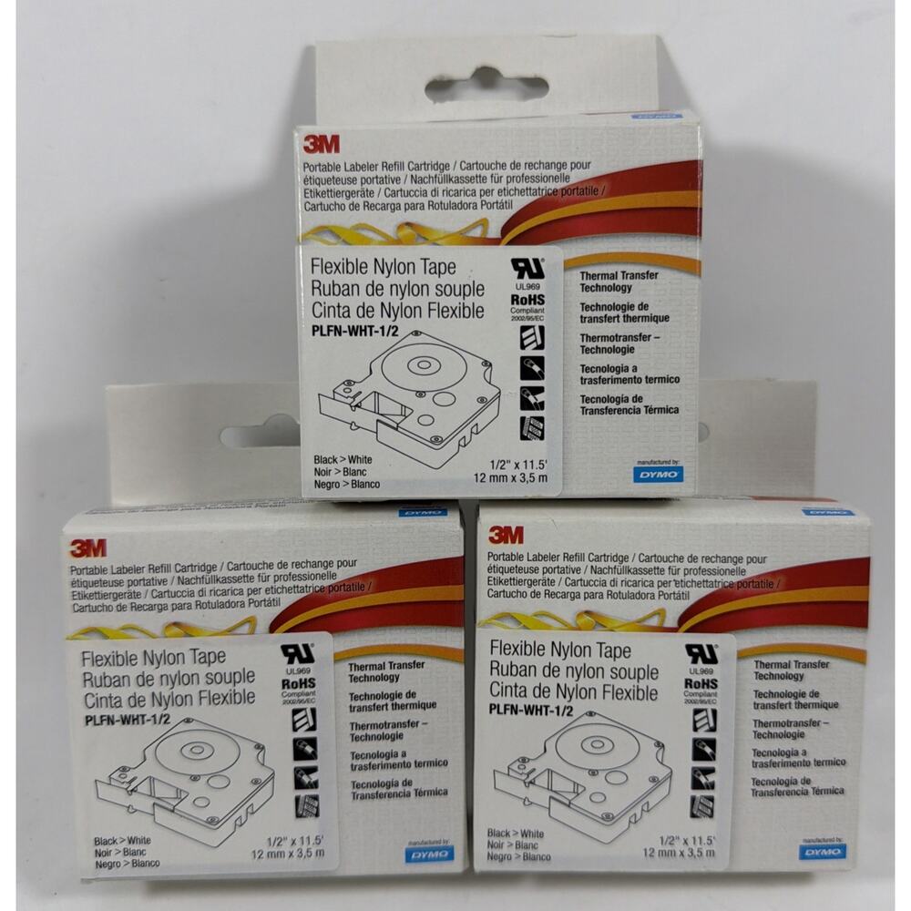 Lot of 3 3M 1/2” Flexible Nylon Tape Labeler Refill Cartridge PLFN-WHT-1/2